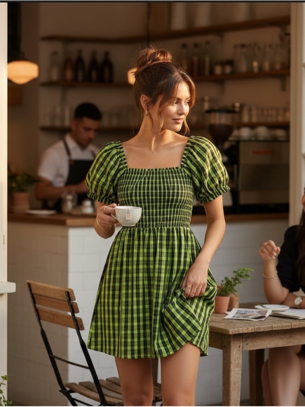 💚 Twik Simon Women's Green Gingham Plaid Puff-Sleeve Mini Dress Size Large EUC